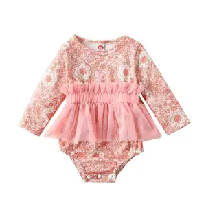 2022 Lente Hot Koop Baby Meisjes Vallen Romper Bloemenprint O-hals Lange Mouw Tule Tutu Romper Jumpsuit Voor Peuters