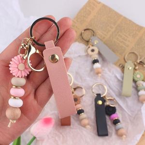New Style Daisy Flower Beaded Keychain Cute Pu Leather Holder Fashion <b>Key</b> <b>Ring</b> for Women Girls Gift - Product Image 5