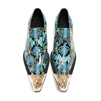 NA528 Chaussures décontractées à bout pointu en métal Motif peau de serpent Talon bloc Cuir véritable Bleu Couleurs mélangées Mocassins Slip on Nouveau