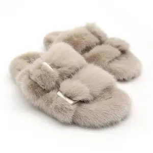 New Coming Fur Slippers With Strap Real Plush Mink Fur Slides For Women Fall Fur Slides