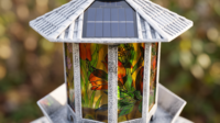 Station de bain d'oiseaux solaire LED écologique, mangeoire à oiseaux peinte, jardinière, toit de gazebo, résine résistante aux intempéries pour extérieur