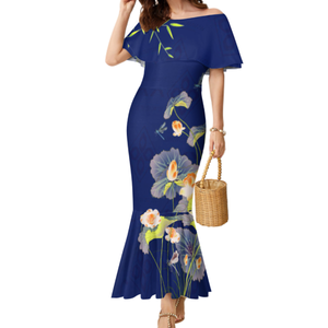 Vestido de Mujer con Estampado Polinesio Estilo Hawaiano, Diseño Chino, Talla Grande, Hombros Descubiertos, Cola de Pez y Volantes - Product Image 3