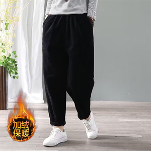 Corduroy Harem <b>Pants</b> Women Plus Size Fleece <b>Lined</b> Warm Thick Casual Autumn Winter Brown Pink Black Apricot Polyester Fabric - Product Image 4