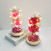 Kubah Kaca Mawar Sutra Buatan Kualitas Tinggi dengan Lampu Led Dua Kepala Bunga Mawar Hadiah untuk Hari Valentine