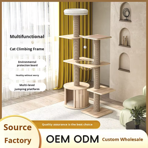 Tour à chat moderne en bois massif personnalisée avec poteau vertical à 5 niveaux, emballage en carton, lit et grattoir pour chat écologique - Product Image 5