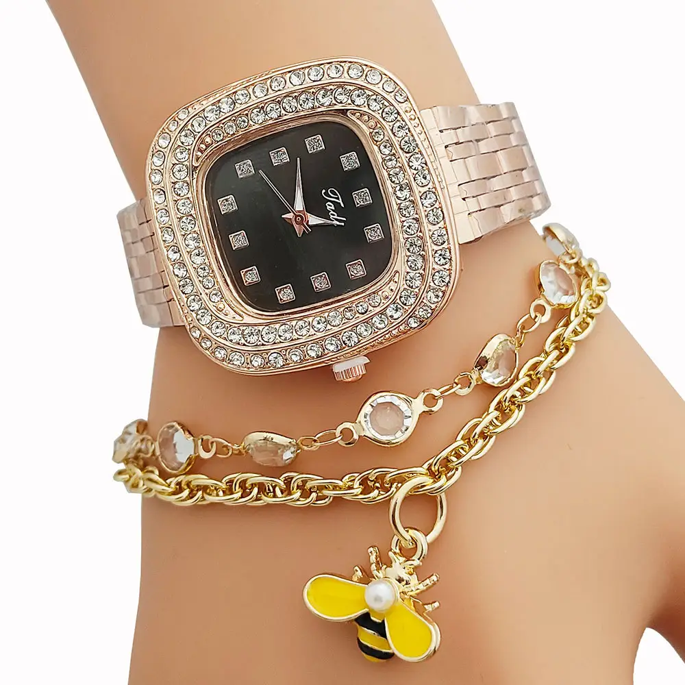 مجموعة ساعة يد نسائية على شكل سوار ساعة كوارتز مجموعة خاتم ساعة في صندوق هدية