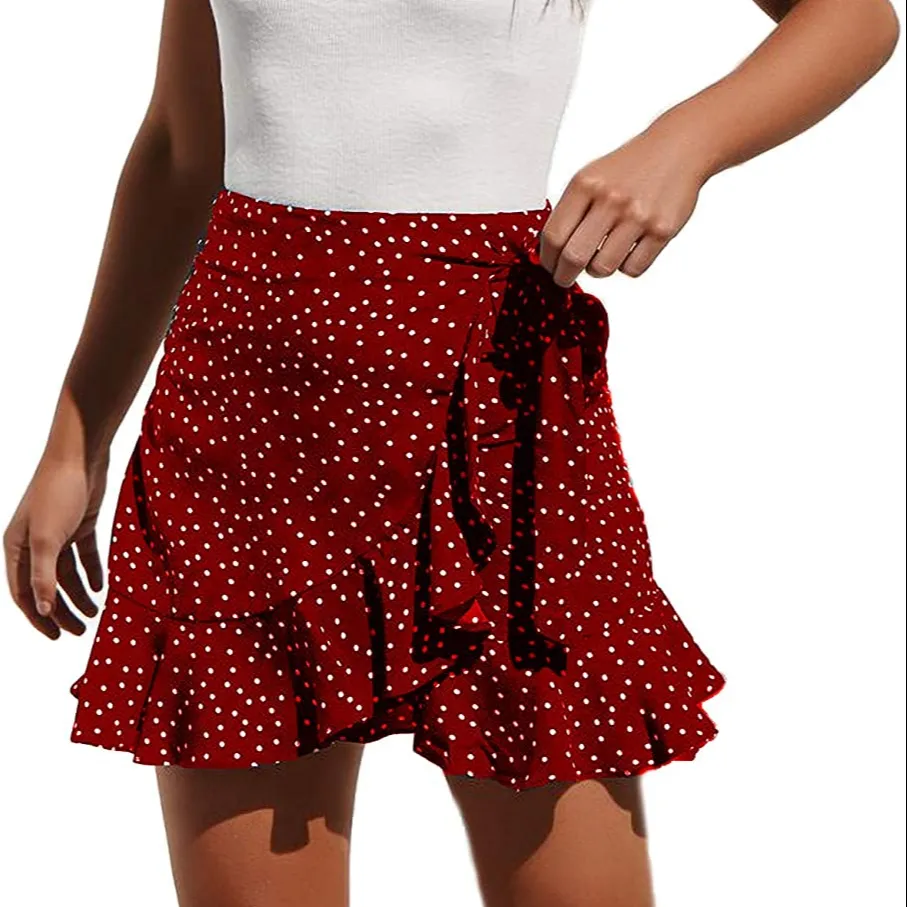 Women's Stretchy Cotton Floral/Polka Dot High Waist Ruffle Wrap Tie Knot Fishtail Mini Short Skirt