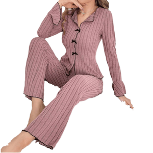 <b>Women's</b> Winter Luxury Casual <b>Long</b> <b>Sleeve</b> Elastic Waist Pajamas with Solid Pattern and Lapel Design - Product Image 4