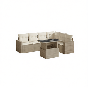 Ensemble de canapés de jardin en rotin beige avec structure en acier et verre trempé, mobilier d'extérieur 6 places, design contemporain - Product Image 1