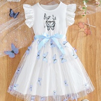 Nouvelle Robe d'Été 2026 pour Filles, avec Nœud, Manches Bouffantes, Imprimé Papillon, Design Bicolore Blanc et Bleu, Jupe en Tulle Fluide