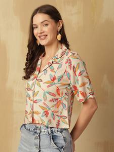 Camisa de algodón con cuello mandarín y estampado floral, manga regular sin mangas, producto tejido a granel - Product Image 5