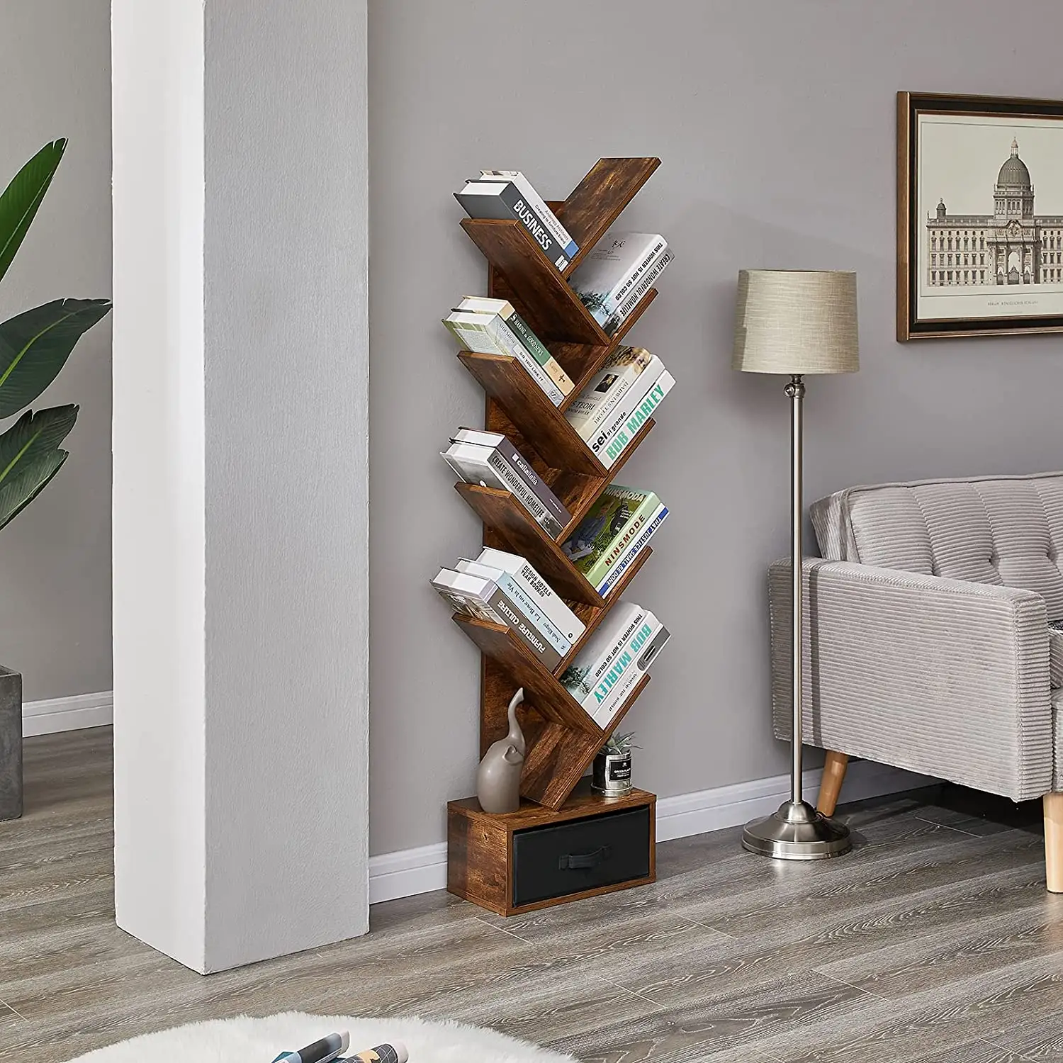 Estantería de árbol de estilo Simple y moderno, estante de almacenamiento de pie para libros, con cajón, 9