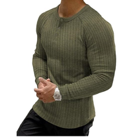 T-shirt de sport à manches longues Henley 100% coton pour hommes, col en V coupe ajustée avec bouton, chemises de mode tissées légères