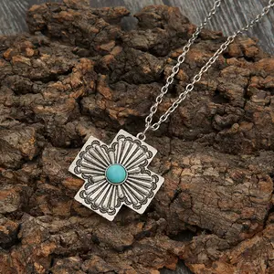 2023 Bohemian Western Gorgeous Fabulous Aztec Turquoise Cross Necklace