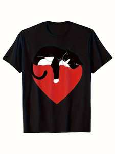 T-Shirt da Uomo in Morbido Cotone Nero a Maniche Corte con Collo Rotondo e Stampa Cuore per San Valentino, Abbigliamento Casual - Product Image 1