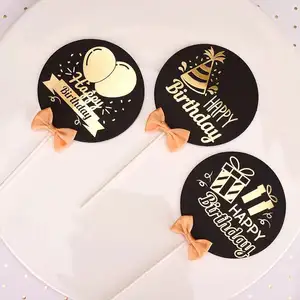 Black card bronzing Printing with bow tie cake Topper Happy birthday cake Decoration Make a Cake Topper