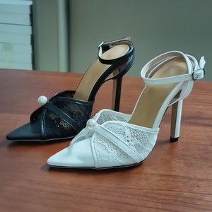 Sandales à talons aiguilles élégantes à bout pointu avec lanières en dentelle perlée de style français pour les occasions formelles - Product Image 5