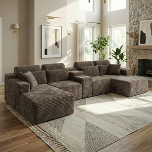 Modern Brown Corduroy U Shaped Sectional Set with Cup Holders Modular Cloud <b>for</b> Villa <b>Large</b> Living Room - Product Image 1