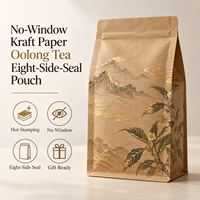 Sachet personnalisé en papier kraft sans fenêtre pour thé Oolong, scellé sur huit côtés, avec marquage à chaud, pour la vente au détail et en gros