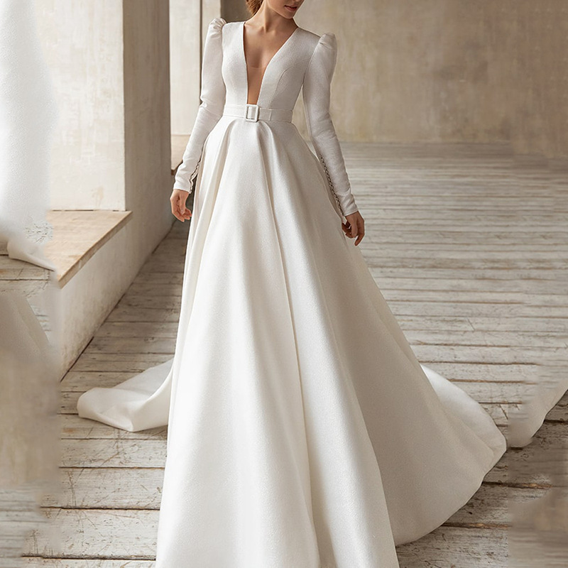 French Temperament Banquet Wedding Dresses Wedding Dress Bridal Gown Long Sleeve V Neck Sexy Satin Evening Dress
