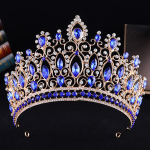 <span class=keywords><strong>Couronne</strong></span> de Mariée de Luxe Bleu Royal en Cristal, Tiara Baroque Plaqué Or, Grande <span class=keywords><strong>Couronne</strong></span> de Reine Saphir, Accessoires de Cheveux pour Mariage et Bal de Promo pour Femmes - Product Image 4
