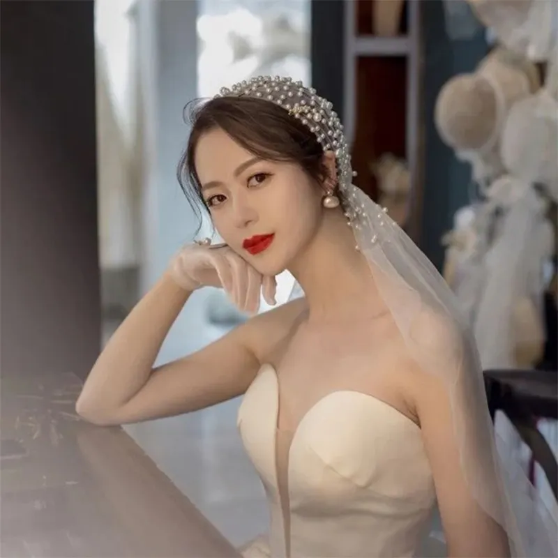 V119 # Fairy Schoonheid Bruid Parel Sluier Koreaanse Handgemaakte Hoed Garen Accessoires Eenvoudige Trouwjurk Hoofdtooi Retro Jurk Lange Haar