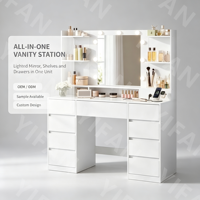 Coiffeuse Hzuaneri en panneau MDF avec 9 tiroirs, éclairage LED, grand miroir HD, ampoules rétro chaudes, fixation murale pour chambre à coucher