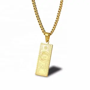 Etch model rectangle shape delicate 100 dollar money engrave silver/gold stainless steel 18k gold plated dollar sign necklace