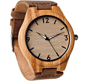 男士竹木手表与真正的棕色皮革表带石英模拟与质量 Miyota 运动