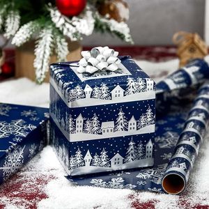 Christmas Wrapping <b>Paper</b> Dark <b>blue</b> double-sided wrapping <b>paper</b> Silver Christmas tree snowflake and house pattern wrapping <b>paper</b> - Product Image 2
