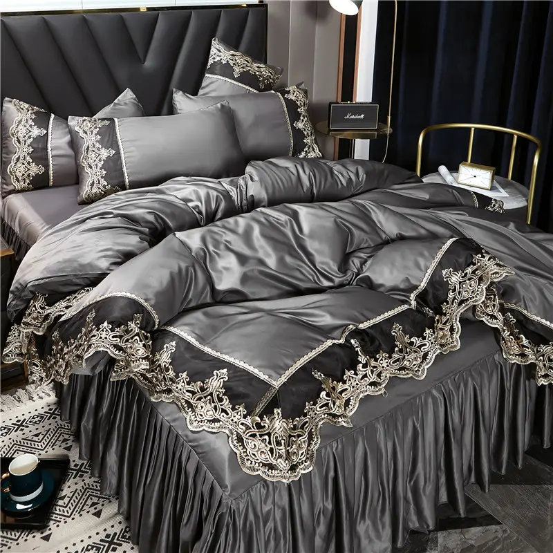 Luxushotel Schlafzimmer gewaschen Kunstseide Stickerei Spitze Bettlaken Bettwäsche-Sets King Size 4 Stück