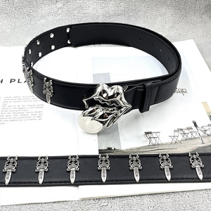 Nouvelle ceinture en cuir PU de qualité supérieure avec boucle en alliage vintage, style HipHop, lèvres punk, langue unique, pour homme, design cowboy, style Y2K, cloutée - Product Image 1