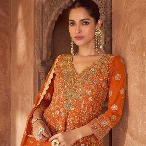 Ensemble Salwar Kameez brodé orange pour femmes avec dupatta, tenue ethnique traditionnelle pour mariage Inde Pakistan - Product Image 2
