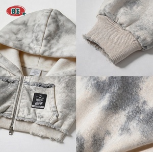 Sudadera con capucha y cremallera para hombre, con dobladillo sin rematar, 400GSM, blanco vintage con lavado en aerosol, logotipo personalizado, corte holgado, peso pesado, estilo streetwear, otoño, OEM - Product Image 3