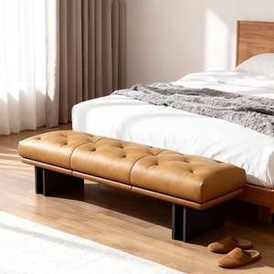 Genuine Leather Bench Tufted Design Solid <b>Wood</b> Base Bedroom Dressing Room <b>Stool</b> - Product Image 3