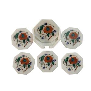 White Marble Inlaid <b>Tea</b> <b>Coaster</b> Set Handmade Semiprecious Stone Inlay Work Modern Floral <b>Coasters</b> with Holder Luxury Home - Product Image 1