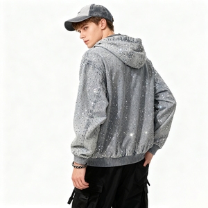 <span class=keywords><strong>Giacca</strong></span> di <span class=keywords><strong>Jeans</strong></span> Denim da <span class=keywords><strong>Uomo</strong></span> Vintage Streetwear con Cappuccio e Zip Oversize in Cotone Stile Punk con Diamanti e Strass di Design del Produttore - Product Image 6