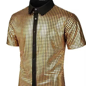 Chemise <span class=keywords><strong>polo</strong></span> à manches courtes pour homme, style hipster, or métallisé, boutonnée, costume <span class=keywords><strong>disco</strong></span> des années 70, haut pour fête d'Halloween - Product Image 1