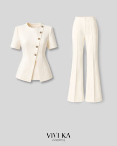 Ensemble pantalon évasé et haut à volants élégant pour femme en Spandex/Polyester, coupe mi-longue, avec boutons, idéal pour le bureau - VIVI KA - Product Image 6