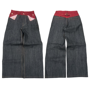 Vaqueros vintage de mezclilla selvedge con bolsillo delantero, rayas rojas discretas, cintura de lona en contraste, transpirables y ecológicos para otoño. - Product Image 1