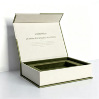 Boîte cadeau magnétique vert olive avec logo personnalisé, côtés crème, insert en velours, bordure dorée, charnière encastrée, style livre, emballage rigide de luxe
