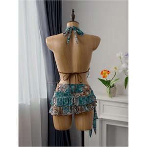 RoseSeek Ensemble de bikini 3 pièces à imprimé animal pour femme, maillot de bain drapé à bretelles et string avec jupe de plage - Product Image 3