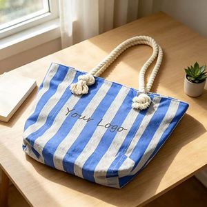 Sac fourre-tout écologique promotionnel, logo de marque personnalisé imprimé, motif rayé, sac de shopping en coton avec poignée en corde - Product Image 4