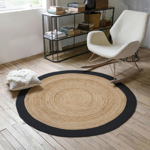 Alfombras Modernas Ecológicas Antideslizantes de Pelo Plano con Borde de Algodón Negro Trenzado, Hechas a Máquina con Diseño Floral y Respaldo de Yute - Product Image 3