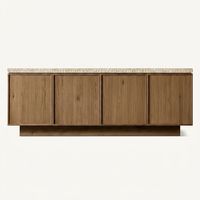 Buffet en bois de chêne avec plateau en pierre et bordure en travertin ciselé pour salle à manger et salon de luxe modernes
