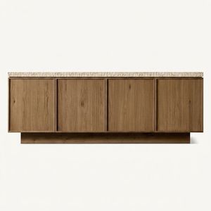 Buffet en bois de chêne avec plateau en pierre et bordure en travertin ciselé pour salle à manger et salon de luxe modernes - Product Image 3