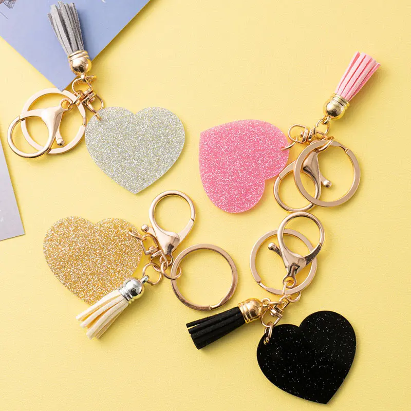 Colorful Plastic Glitter Acrylic Heart Shape Keychain Custom Logo Printing Key Ring DIY Valentine's Day Gift Tassel Keychain