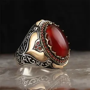 Perhiasan Cincin Batu Rubi Asli untuk Pria, Perhiasan Cincin Batu Rubi Asli, Zirkon, Baja Tahan Karat Berlapis Dua Warna, Ukiran Bertatahkan Merah untuk Pria