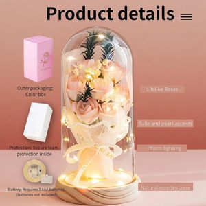 Lampe à sangle en forme de rose, fleur éternelle lumineuse, bouquet de savon parfumé sous cloche en verre, ornement pour la fête des Mères et la Saint-Valentin - Product Image 6