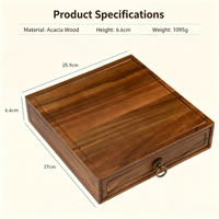 Boîte de rangement en bois d'acacia massif avec tiroir amovible, poignée métallique vintage, boîte carrée en bois pour bureau, chambre à coucher